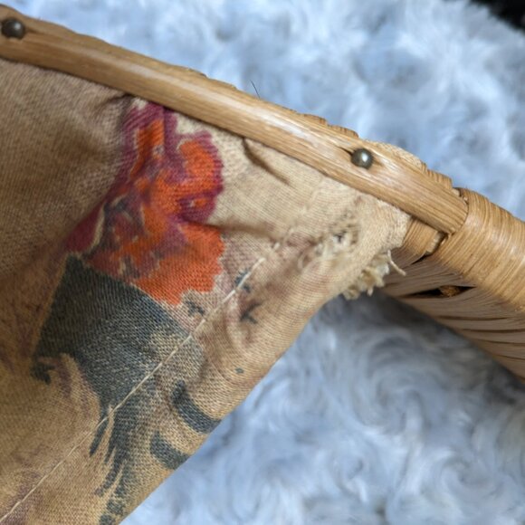 Vintage Woven Basket Purse Camel Fabric Sides with Wicker Handle and Detailing - Picture 6 of 11